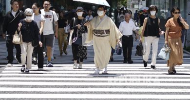 Orang-orang menggunakan payung saat cuaca panas dan cerah, Tokyo. Rabu, 12 Juni 2024. Menurut biro meteorologi Jepang, Cuaca panas diperkirakan terjadi di wilayah Tokyo dengan suhu meningkat mendekati 30 derajat Celsius (86 derajat Fahrenheit).