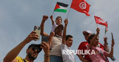 Warga bersama relawan menyambut kapal-kapal Armada Sumud Global di Pelabuhan Sidi Bou Said, Tunisia, Ahad (6/9/2025).