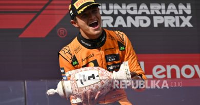 Pembalap McLaren Lando Norris merayakan gelar juara GP Hungaria.