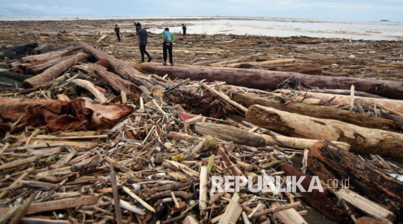 Sejumlah warga berjalan di antara potongan kayu gelondongan yang bertumpuk di pantai Air Tawar, Padang, Sumatera Barat, Jumat (28/11/2025). Sampah kayu gelondongan itu menumpuk di sepanjang pantai Padang pasca banjir bandang beberapa hari terakhir.